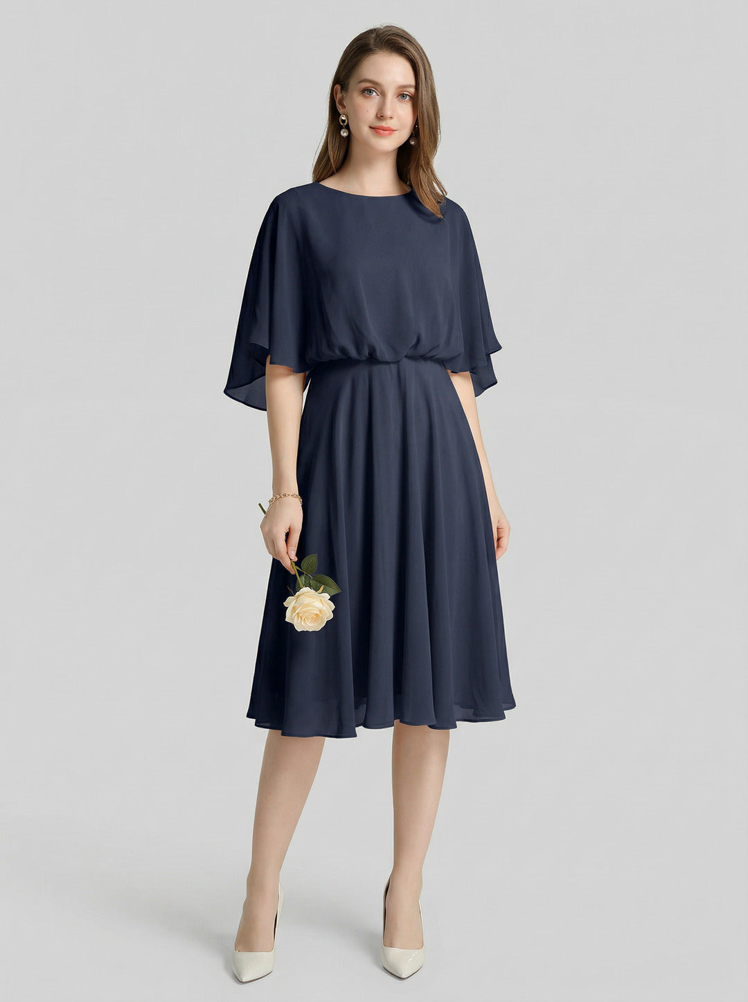 Modest Navy Blue Chiffon A-Line Scoop Neck Backless with Pleated Knee-Length Bridesmaid Dress