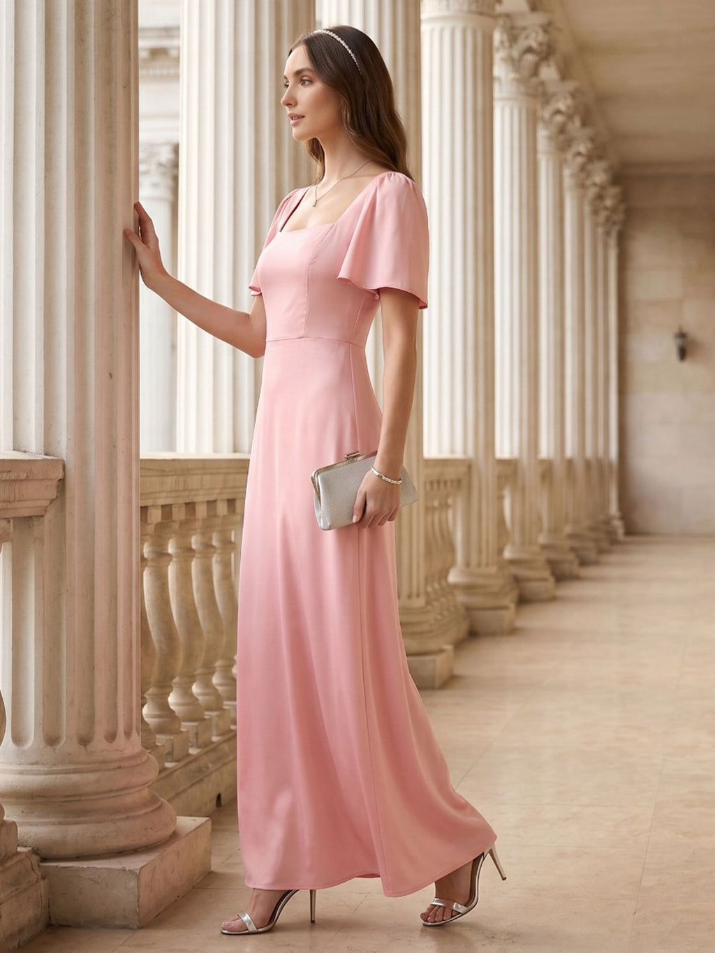Modest Petal Matte Satin A-Line Square Neck Backless Ankle-Length Bridesmaid Dress