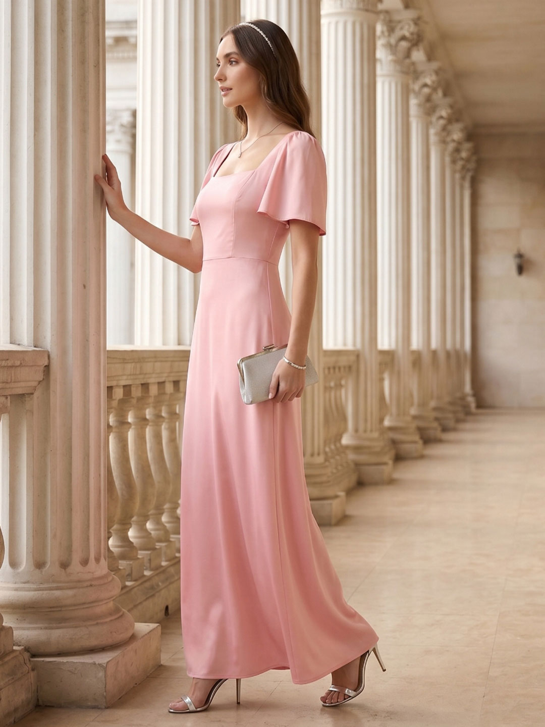 Modest Petal Matte Satin A-Line Square Neck Backless Ankle-Length Bridesmaid Dress
