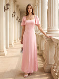 Modest Petal Matte Satin A-Line Square Neck Backless Ankle-Length Bridesmaid Dress