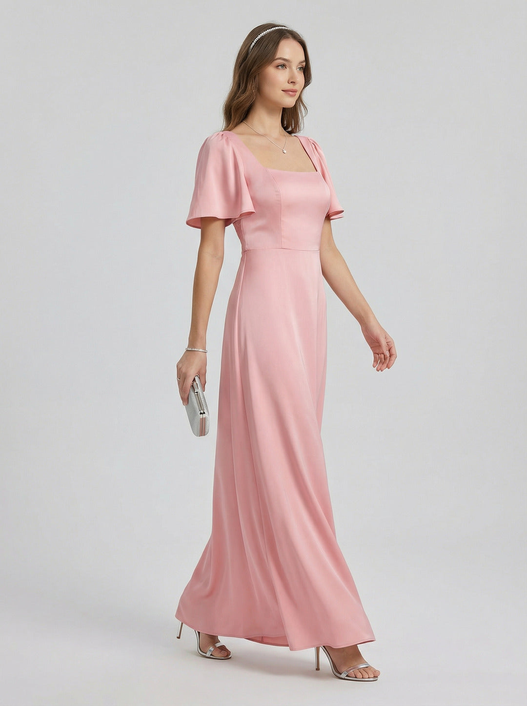 Modest Petal Matte Satin A-Line Square Neck Backless Ankle-Length Bridesmaid Dress