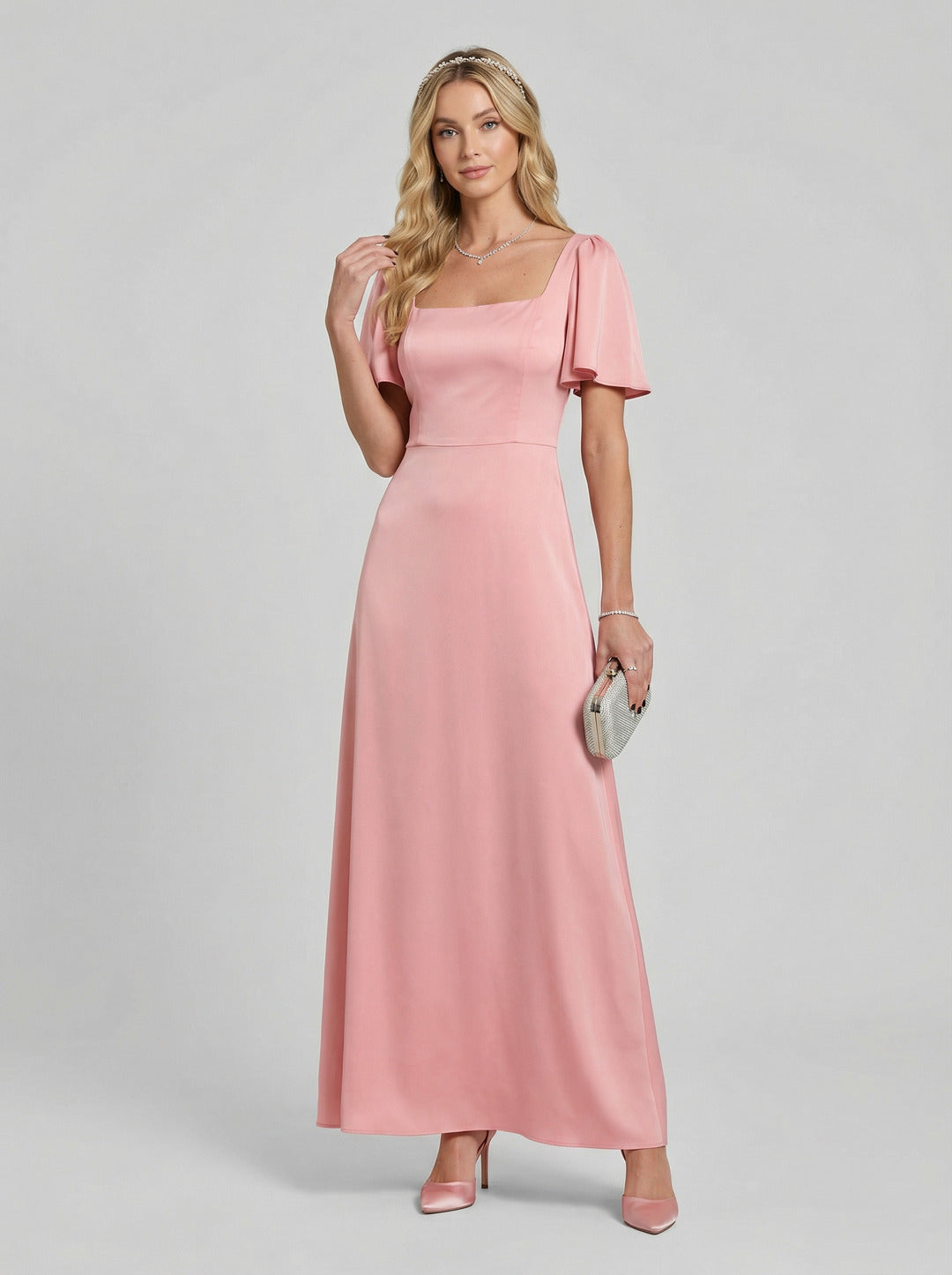 Modest Petal Matte Satin A-Line Square Neck Backless Ankle-Length Bridesmaid Dress
