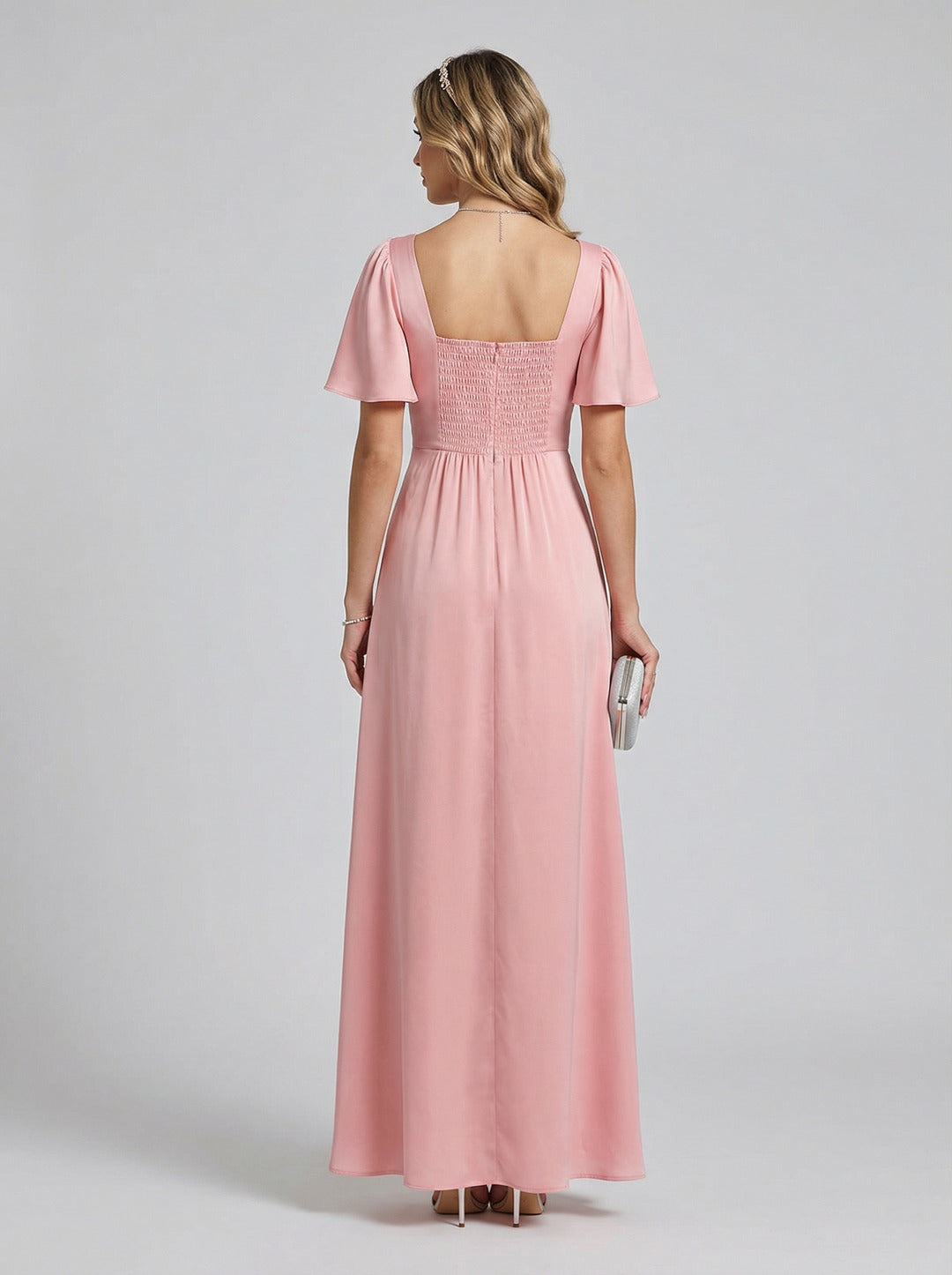 Modest Petal Matte Satin A-Line Square Neck Backless Ankle-Length Bridesmaid Dress