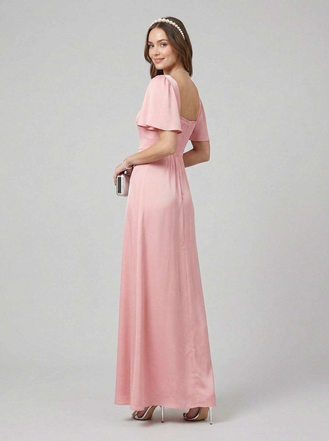 Modest Petal Matte Satin A-Line Square Neck Backless Ankle-Length Bridesmaid Dress