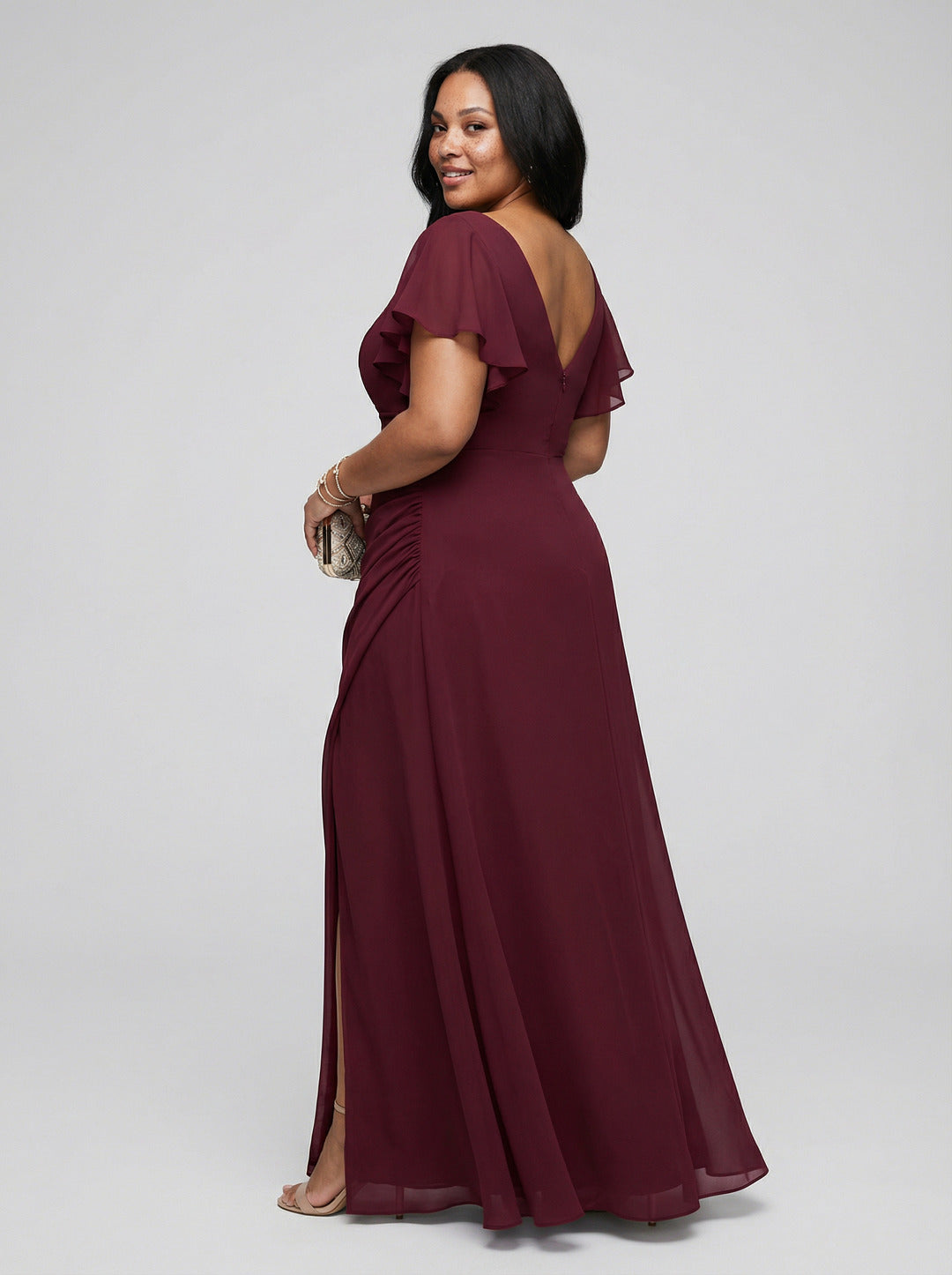 Modest Rosewood Chiffon A-Line Scoop Neck V-Back with nan Ankle-Length Plus Size Bridesmaid Dress