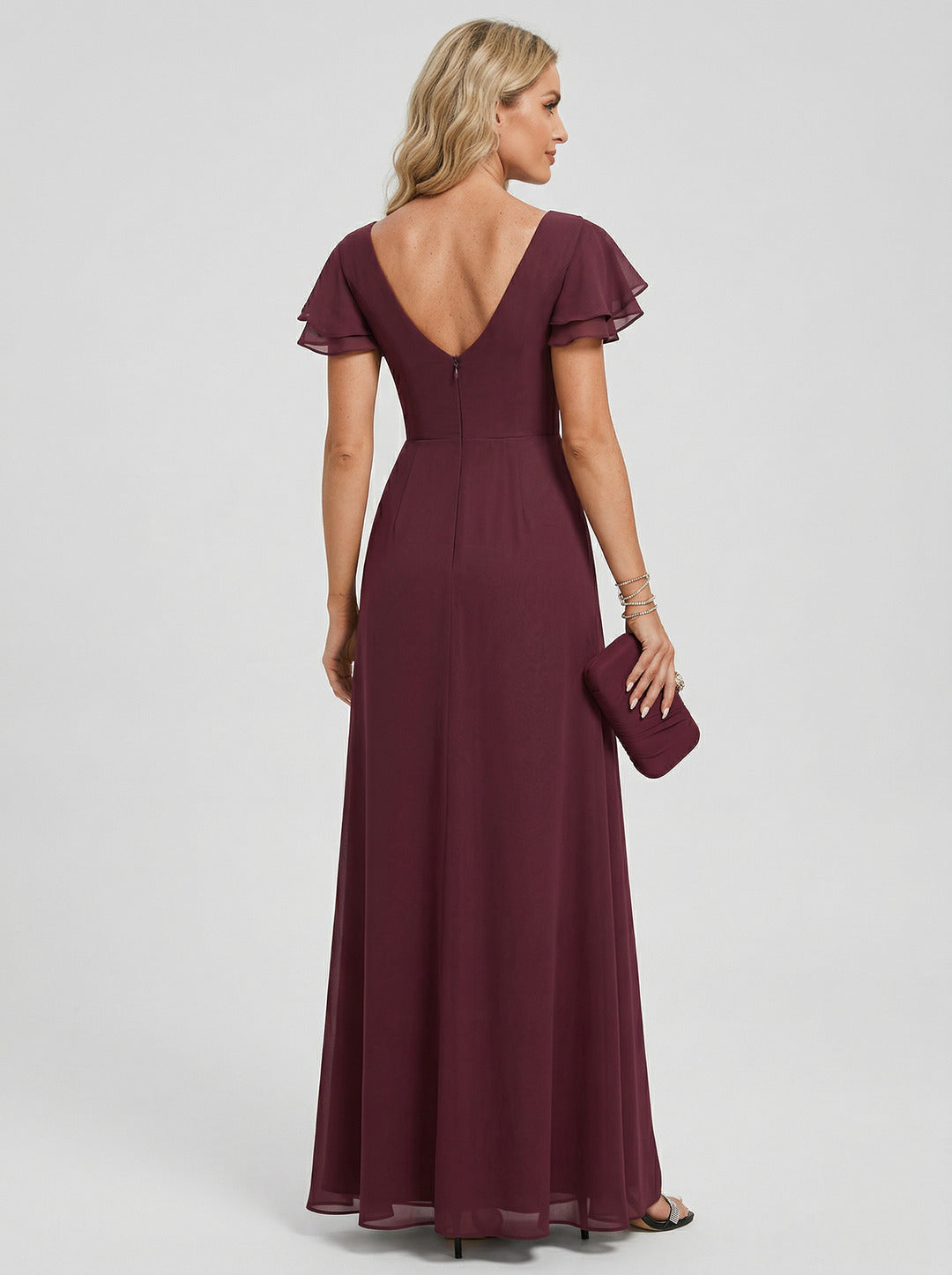 Modest Rosewood Chiffon A-Line Scoop Neck V-Back with nan Ankle-Length Plus Size Bridesmaid Dress