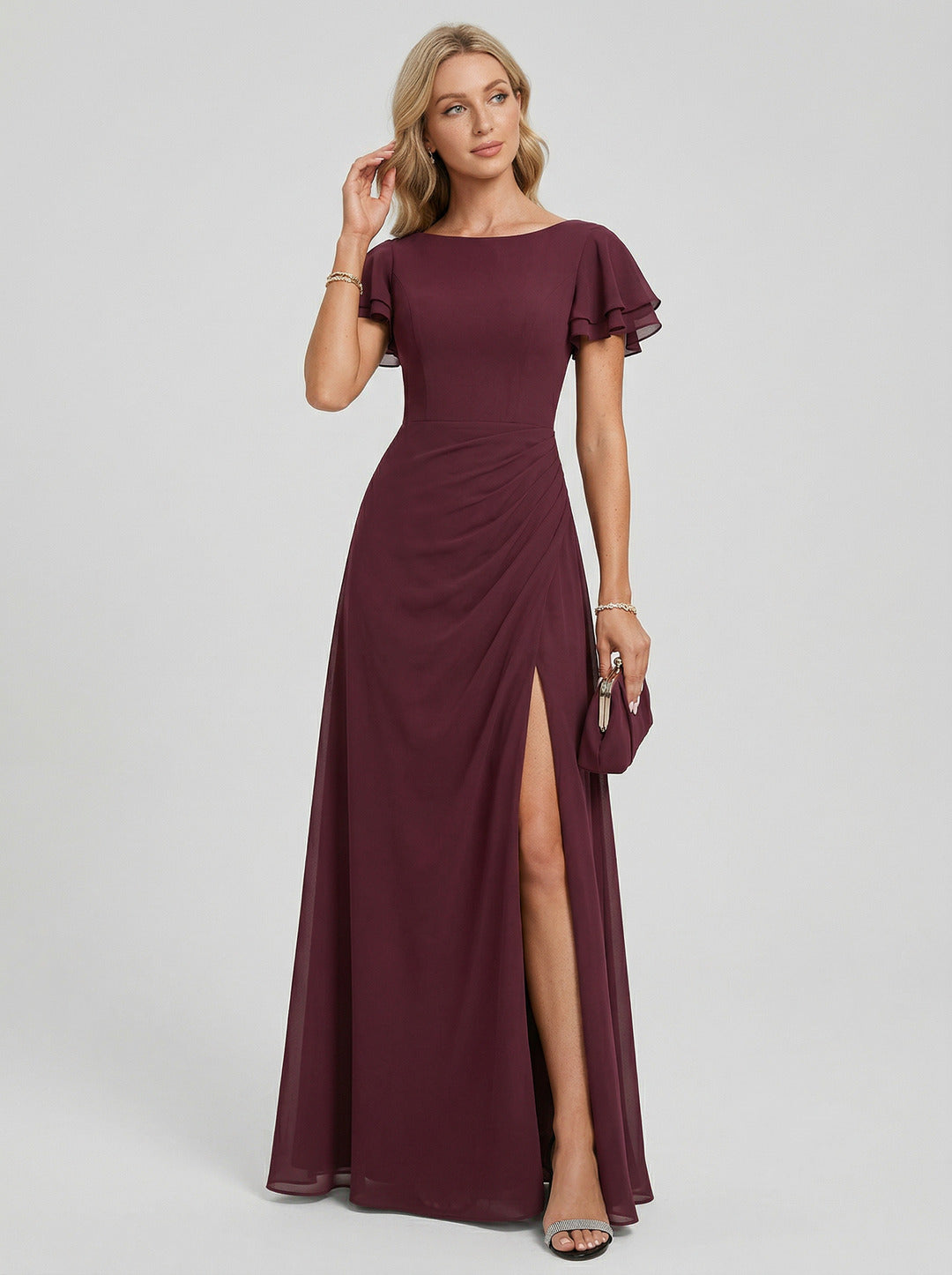 Modest Rosewood Chiffon A-Line Scoop Neck V-Back with nan Ankle-Length Plus Size Bridesmaid Dress
