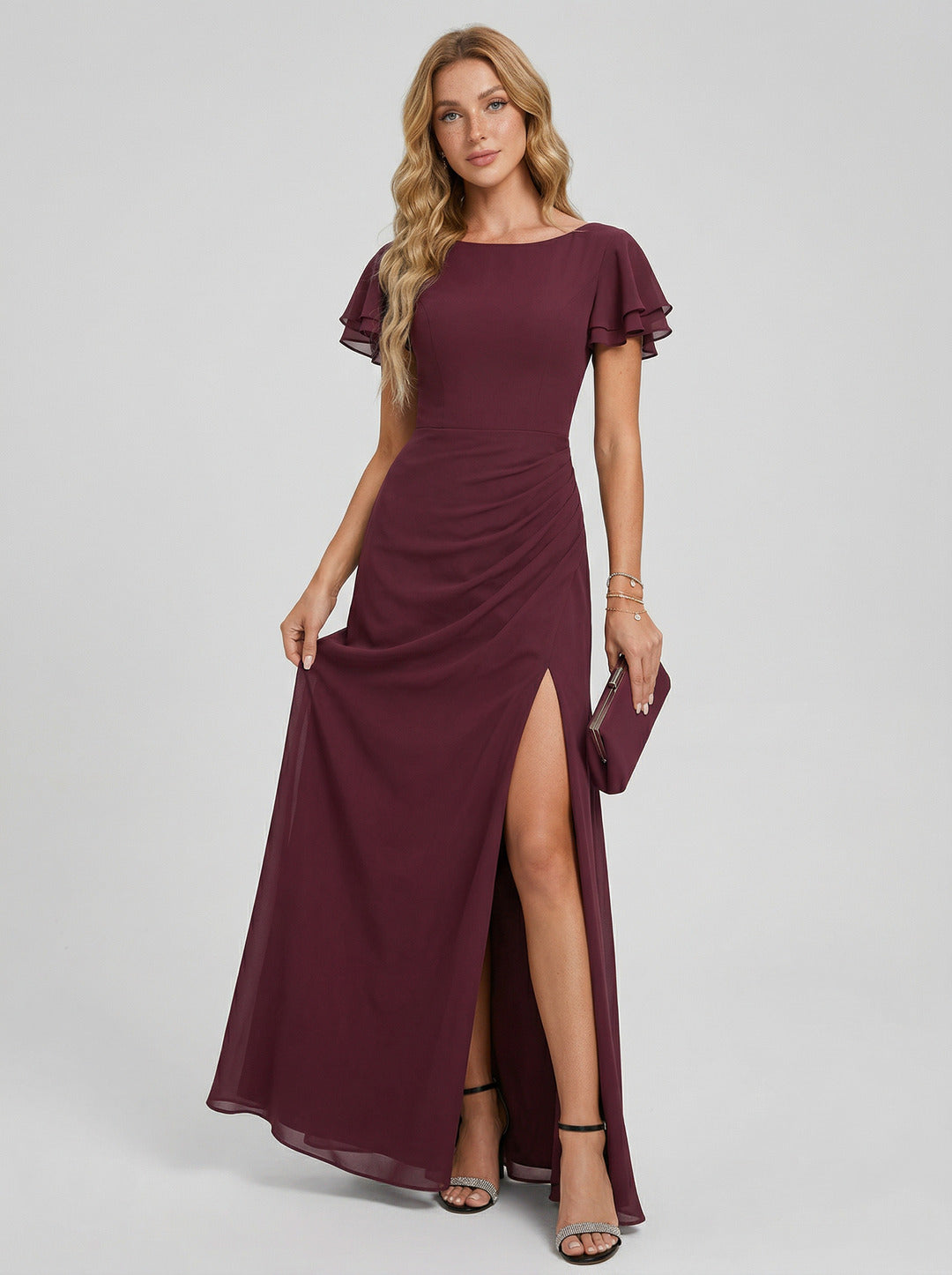 Modest Rosewood Chiffon A-Line Scoop Neck V-Back with nan Ankle-Length Plus Size Bridesmaid Dress