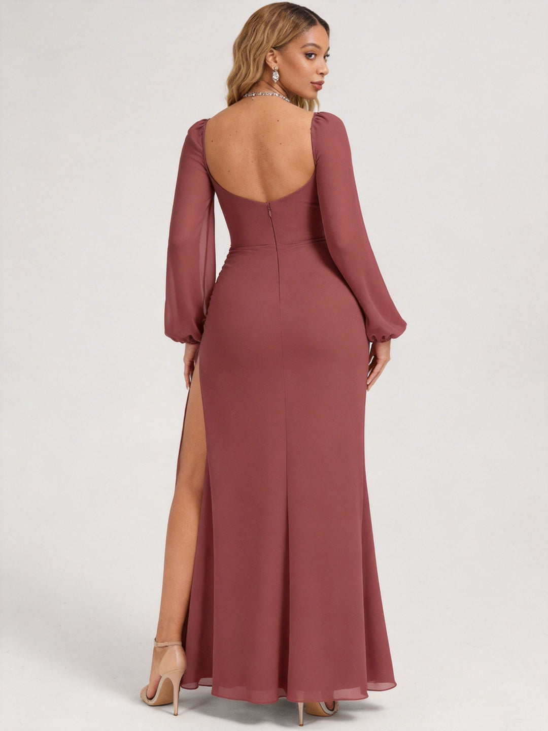 Modest Dusty Rose Chiffon A-Line Square Neck Backless with Lace Trim Ankle-Length Bridesmaid Dress