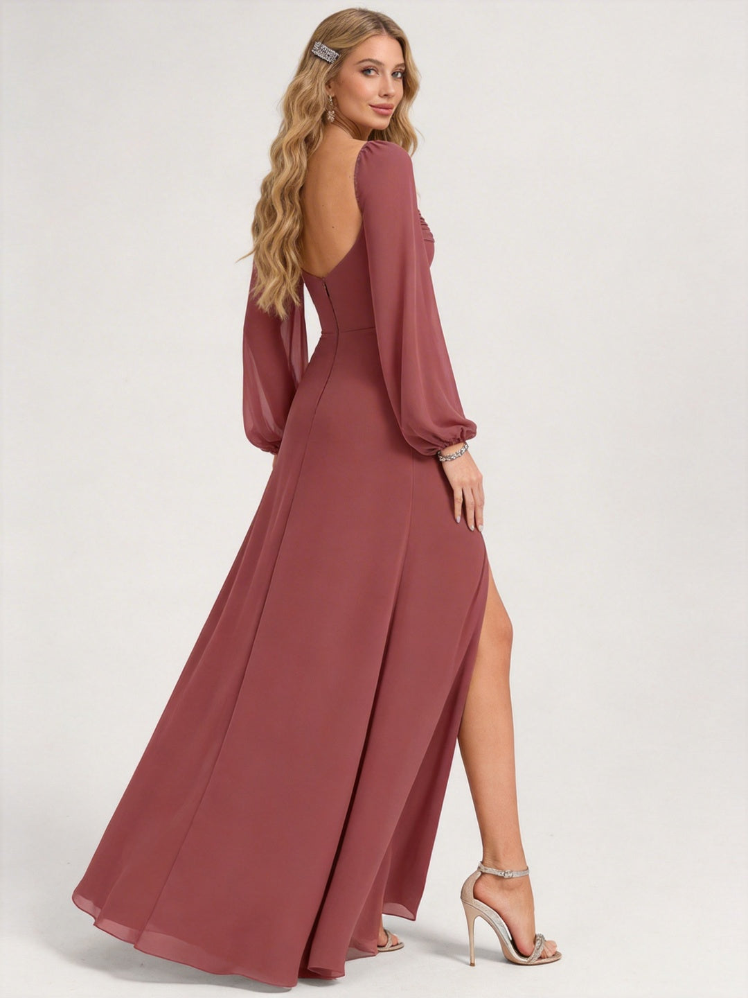 Modest Dusty Rose Chiffon A-Line Square Neck Backless with Lace Trim Ankle-Length Bridesmaid Dress