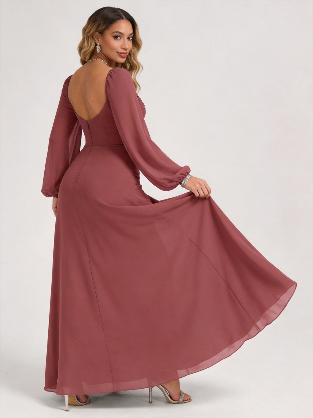 Modest Dusty Rose Chiffon A-Line Square Neck Backless with Lace Trim Ankle-Length Bridesmaid Dress