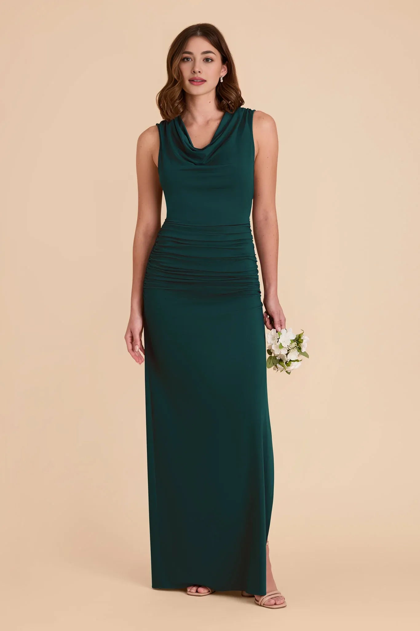 Modest Sheath/Column Cowl Neck Sleeveless Pleated Maxi Bridesmaid Dress