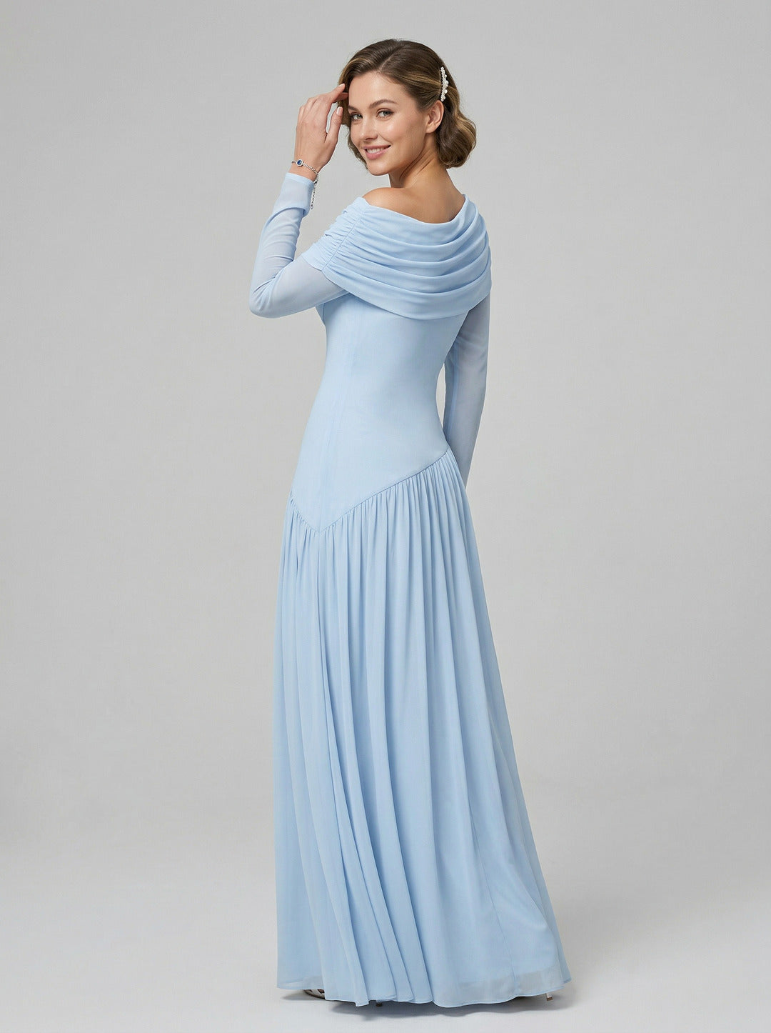 Modest Sky Blue Stretch Crepe Column Off-the-Shoulder Corset Back Ankle-Length Bridesmaid Dress