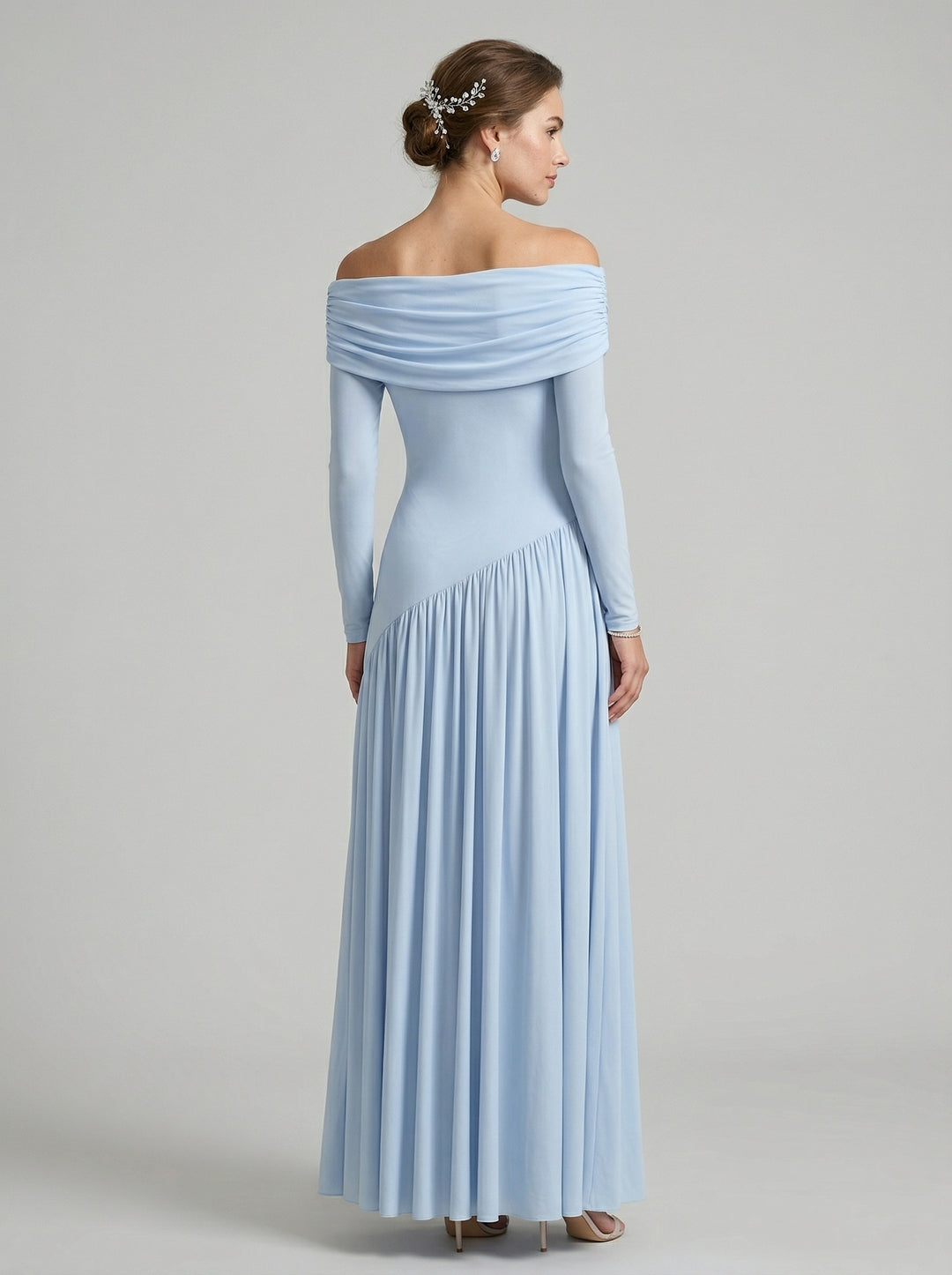 Modest Sky Blue Stretch Crepe Column Off-the-Shoulder Corset Back Ankle-Length Bridesmaid Dress