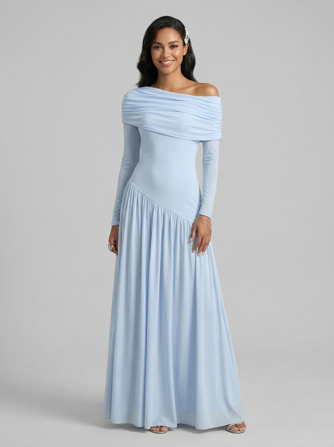 Modest Sky Blue Stretch Crepe Column Off-the-Shoulder Corset Back Ankle-Length Bridesmaid Dress