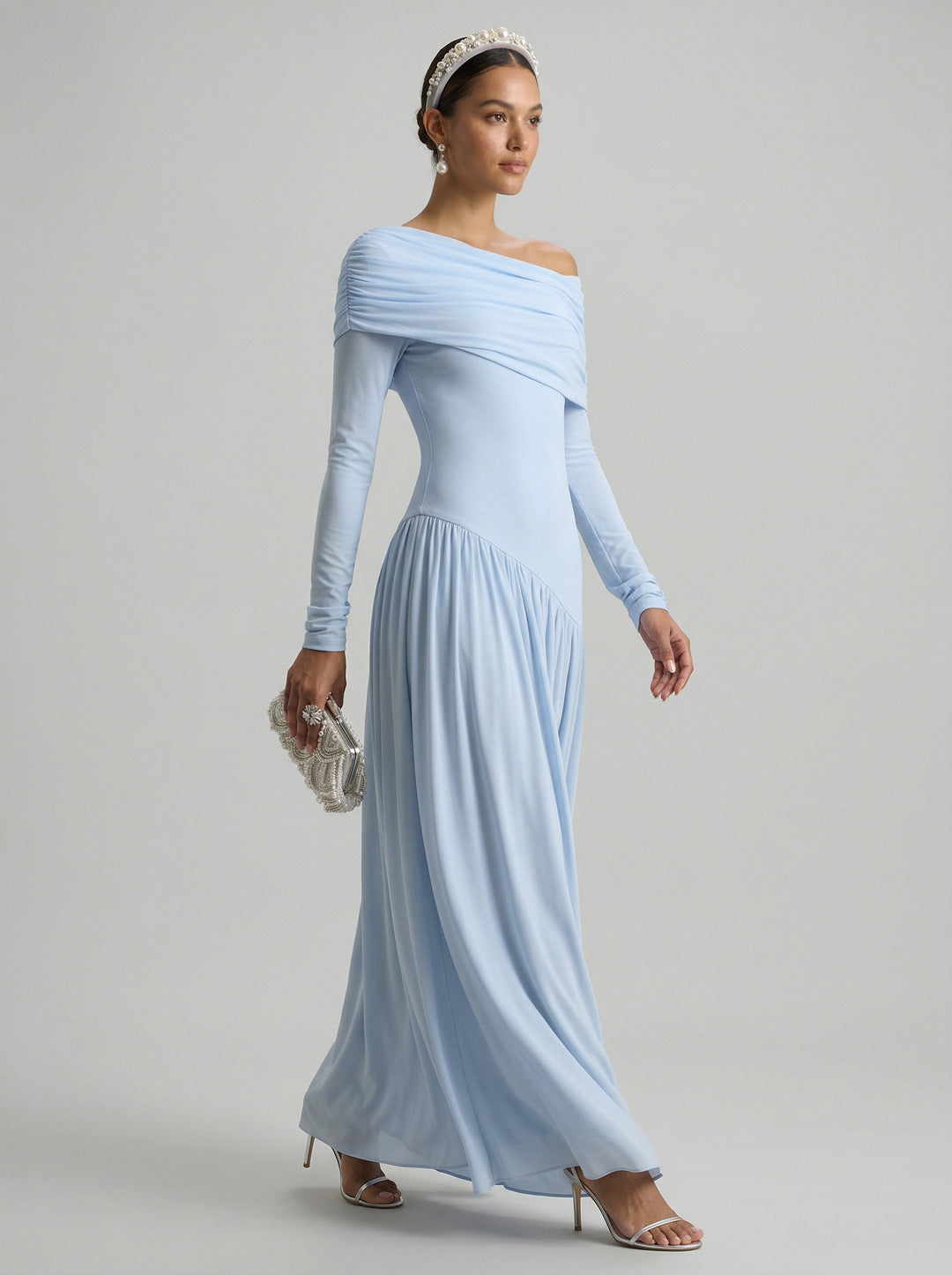 Modest Sky Blue Stretch Crepe Column Off-the-Shoulder Corset Back Ankle-Length Bridesmaid Dress