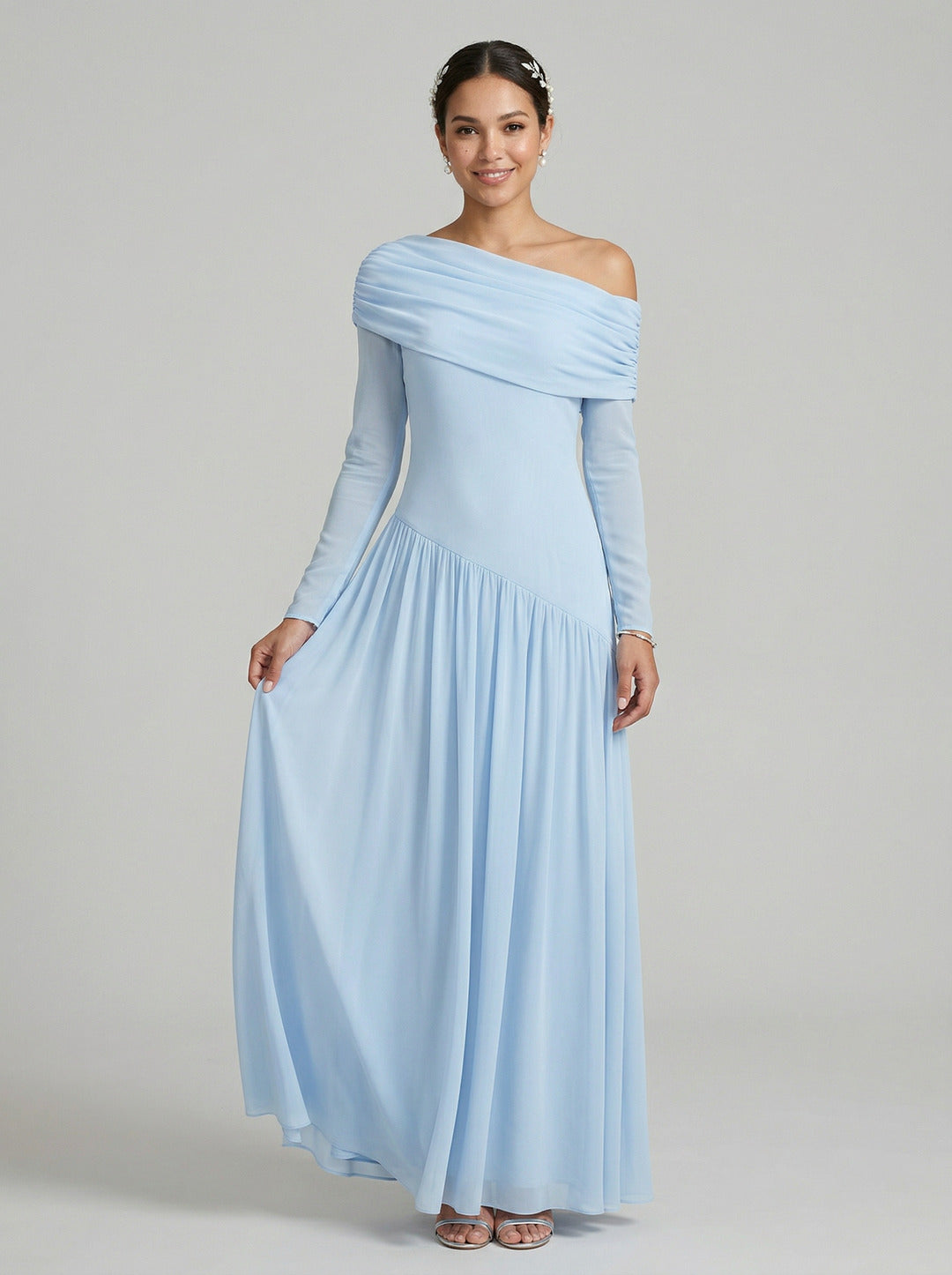 Modest Sky Blue Stretch Crepe Column Off-the-Shoulder Corset Back Ankle-Length Bridesmaid Dress
