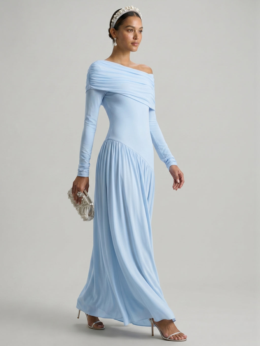 Modest Sky Blue Stretch Knit Column Off-the-Shoulder Corset Back Ankle-Length Bridesmaid Dress