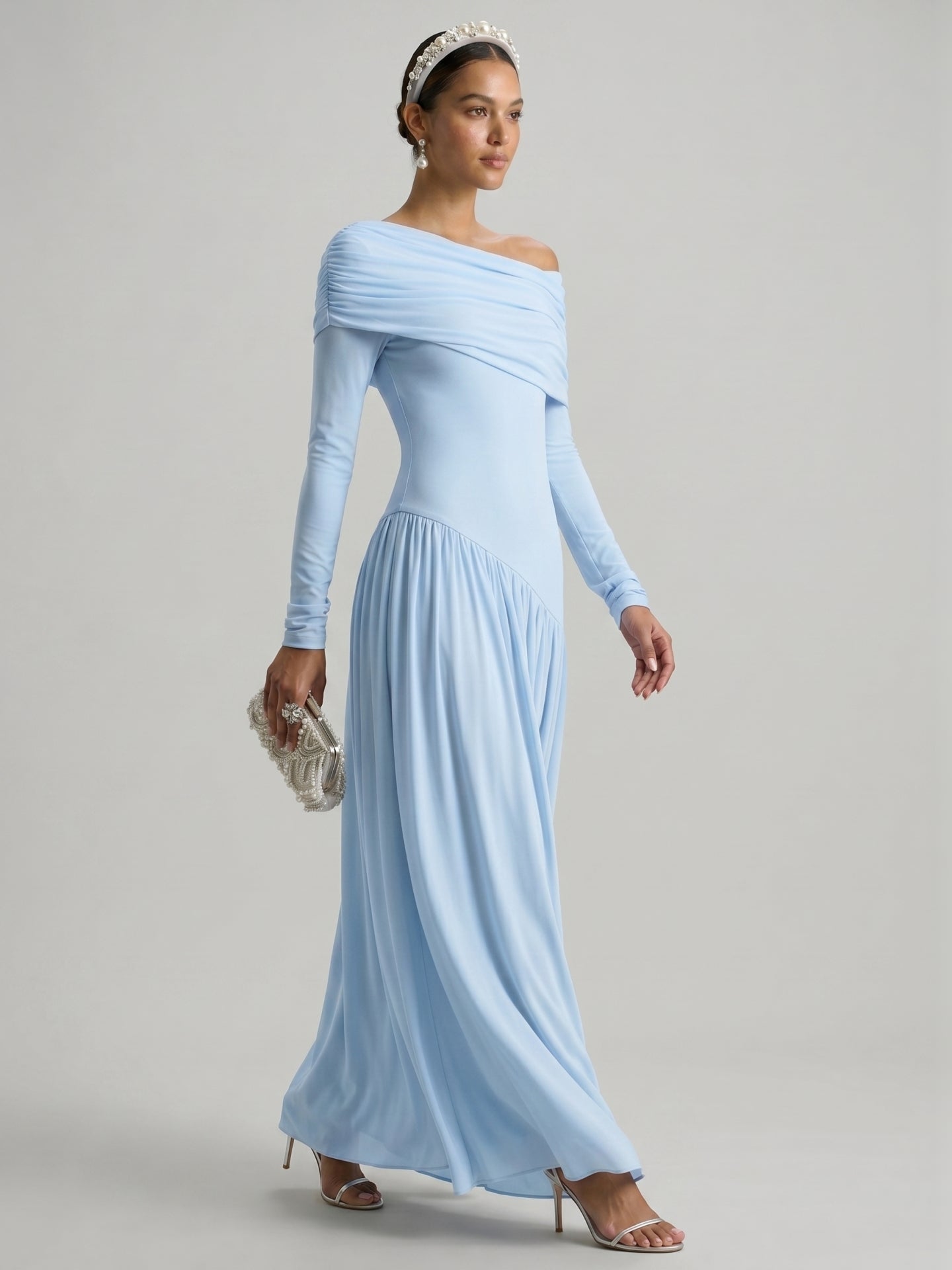 Modest Sky Blue Stretch Knit Column Off-the-Shoulder Corset Back Ankle-Length Bridesmaid Dress
