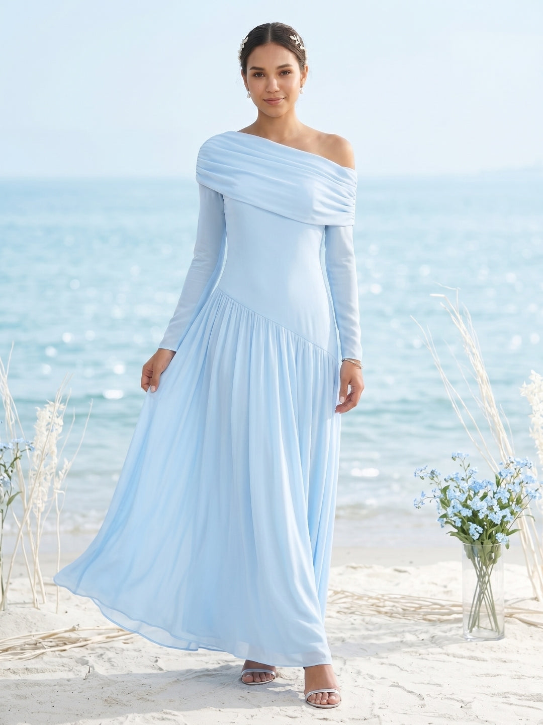 Modest Sky Blue Stretch Knit Column Off-the-Shoulder Corset Back Ankle-Length Bridesmaid Dress