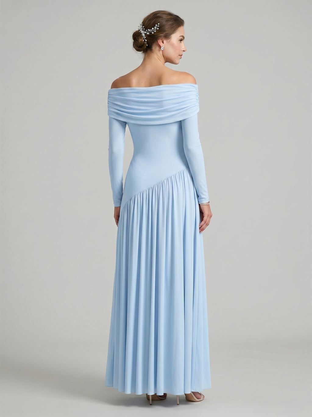 Modest Sky Blue Stretch Knit Column Off-the-Shoulder Corset Back Ankle-Length Bridesmaid Dress