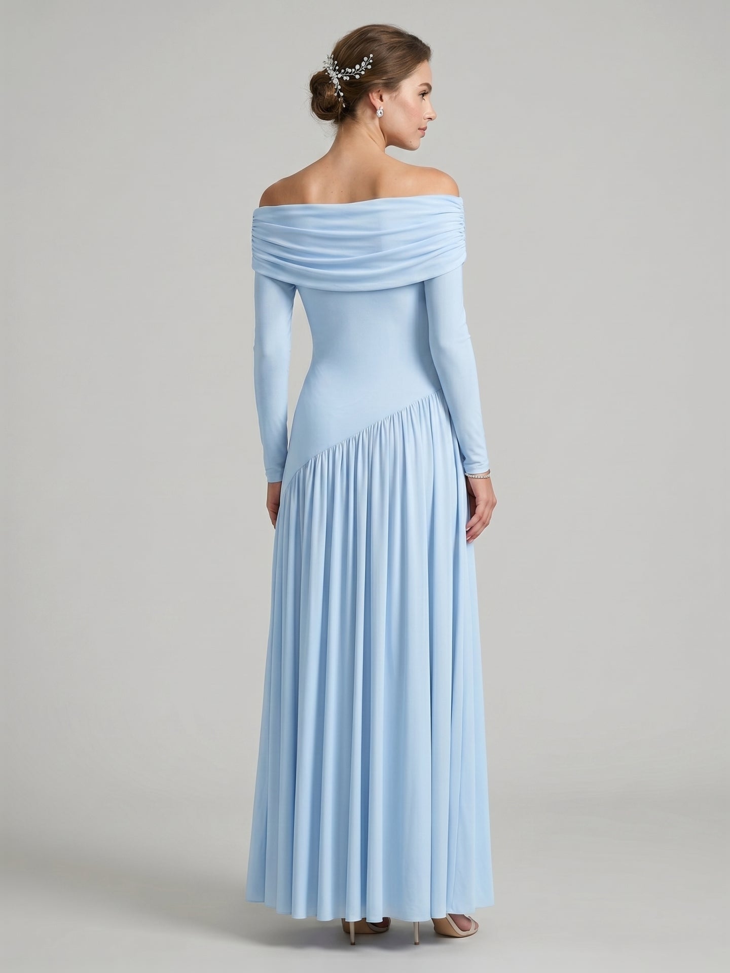 Modest Sky Blue Stretch Knit Column Off-the-Shoulder Corset Back Ankle-Length Bridesmaid Dress