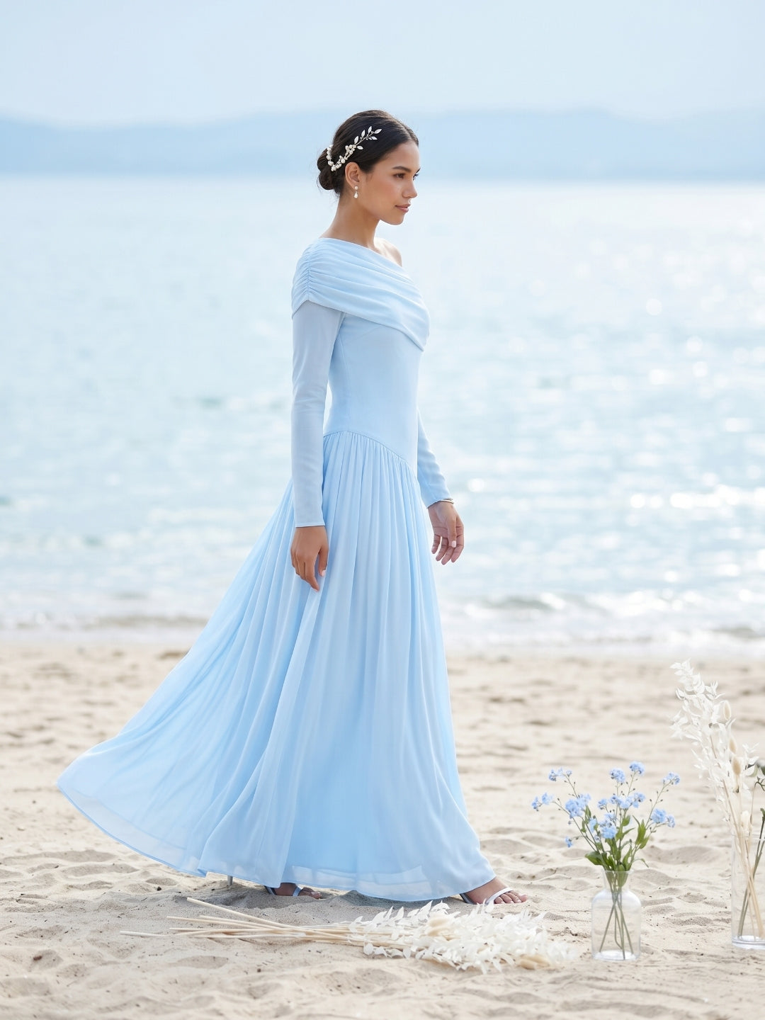 Modest Sky Blue Stretch Knit Column Off-the-Shoulder Corset Back Ankle-Length Bridesmaid Dress