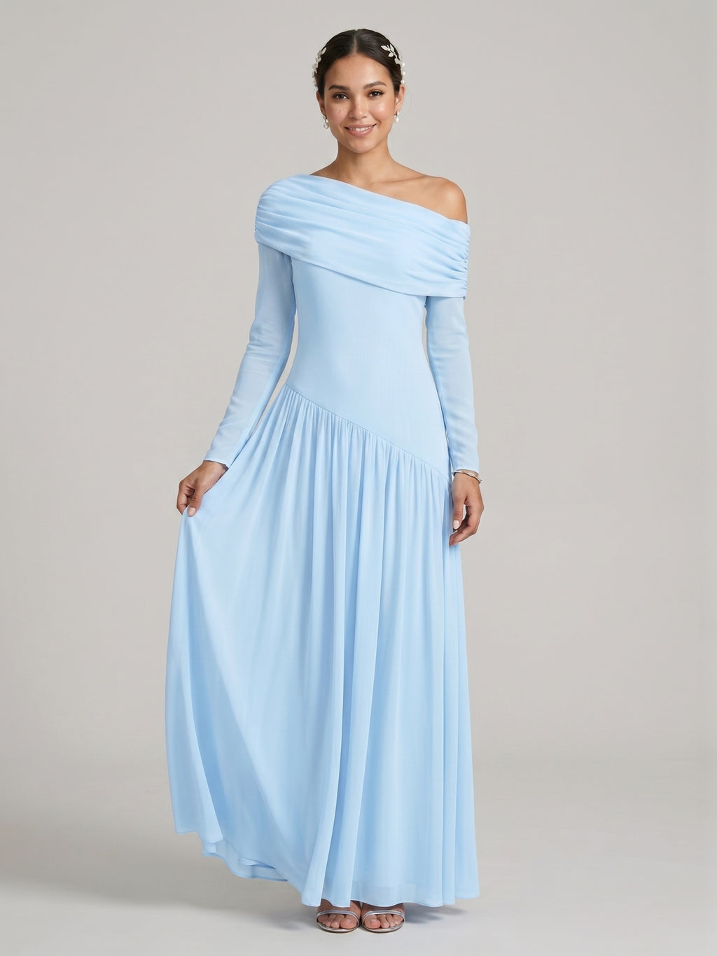 Modest Sky Blue Stretch Knit Column Off-the-Shoulder Corset Back Ankle-Length Bridesmaid Dress