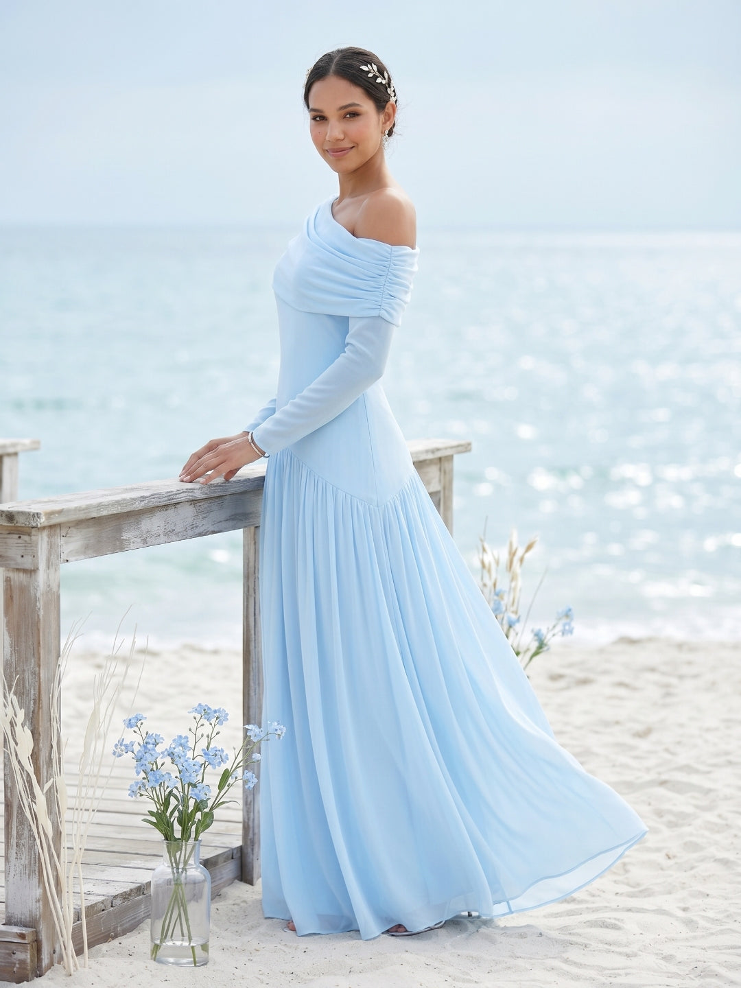 Modest Sky Blue Stretch Knit Column Off-the-Shoulder Corset Back Ankle-Length Bridesmaid Dress