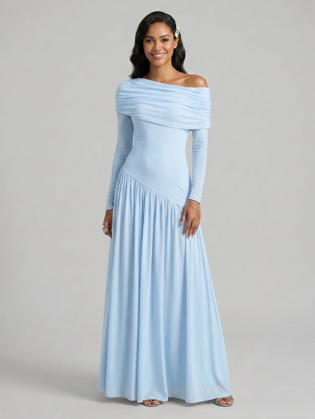 Modest Sky Blue Stretch Knit Column Off-the-Shoulder Corset Back Ankle-Length Bridesmaid Dress