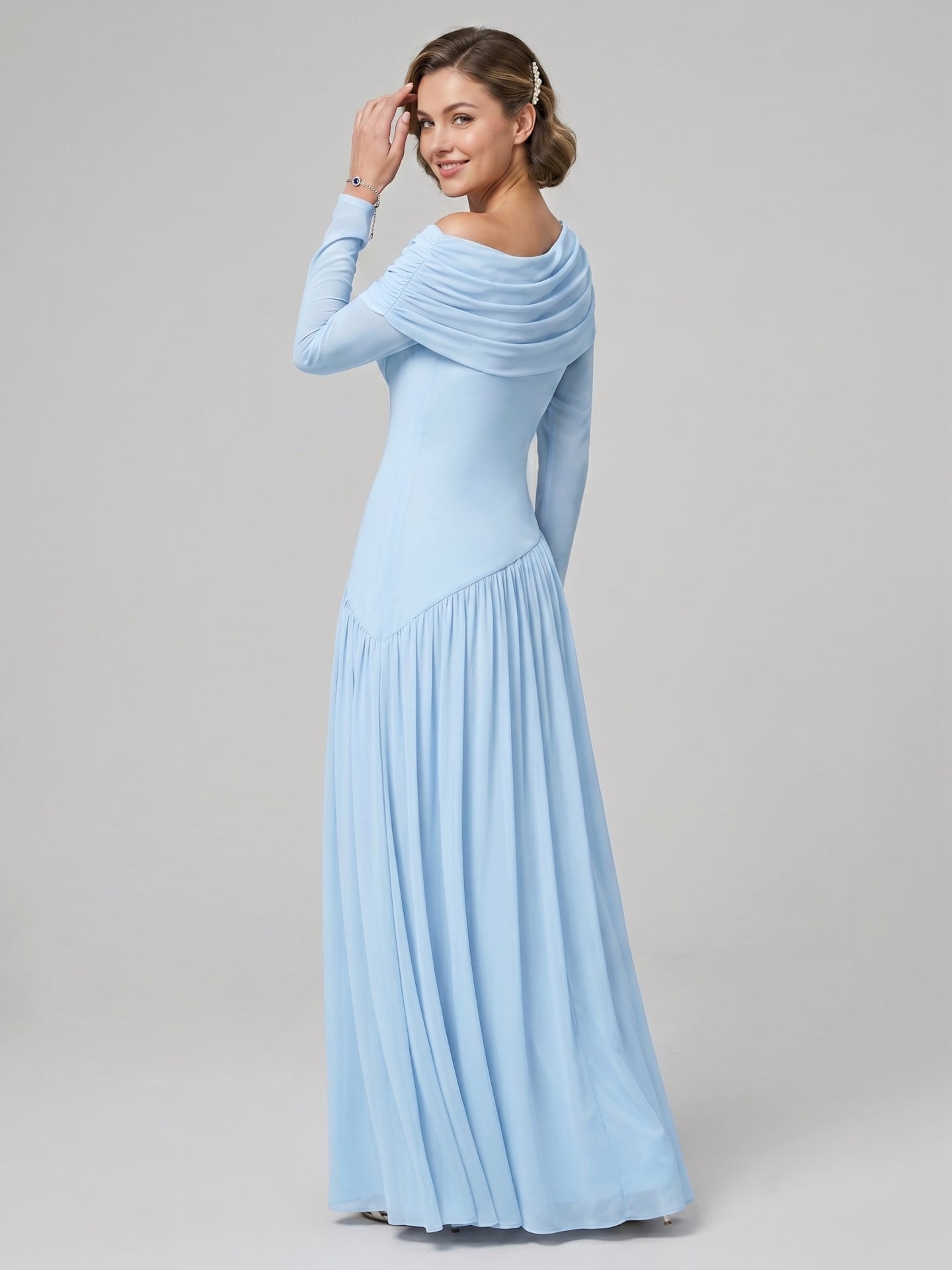 Modest Sky Blue Stretch Knit Column Off-the-Shoulder Corset Back Ankle-Length Bridesmaid Dress