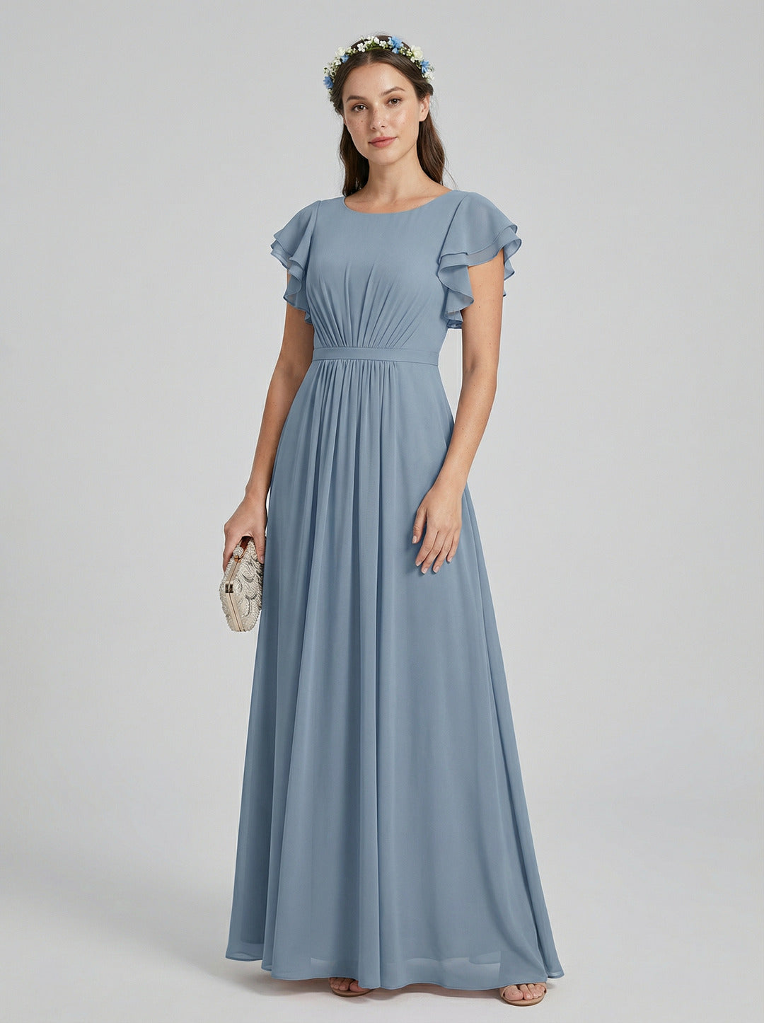 Modest Dusty Blue Chiffon A-Line Scoop Neck Back Zip Ankle-Length Bridesmaid Dress