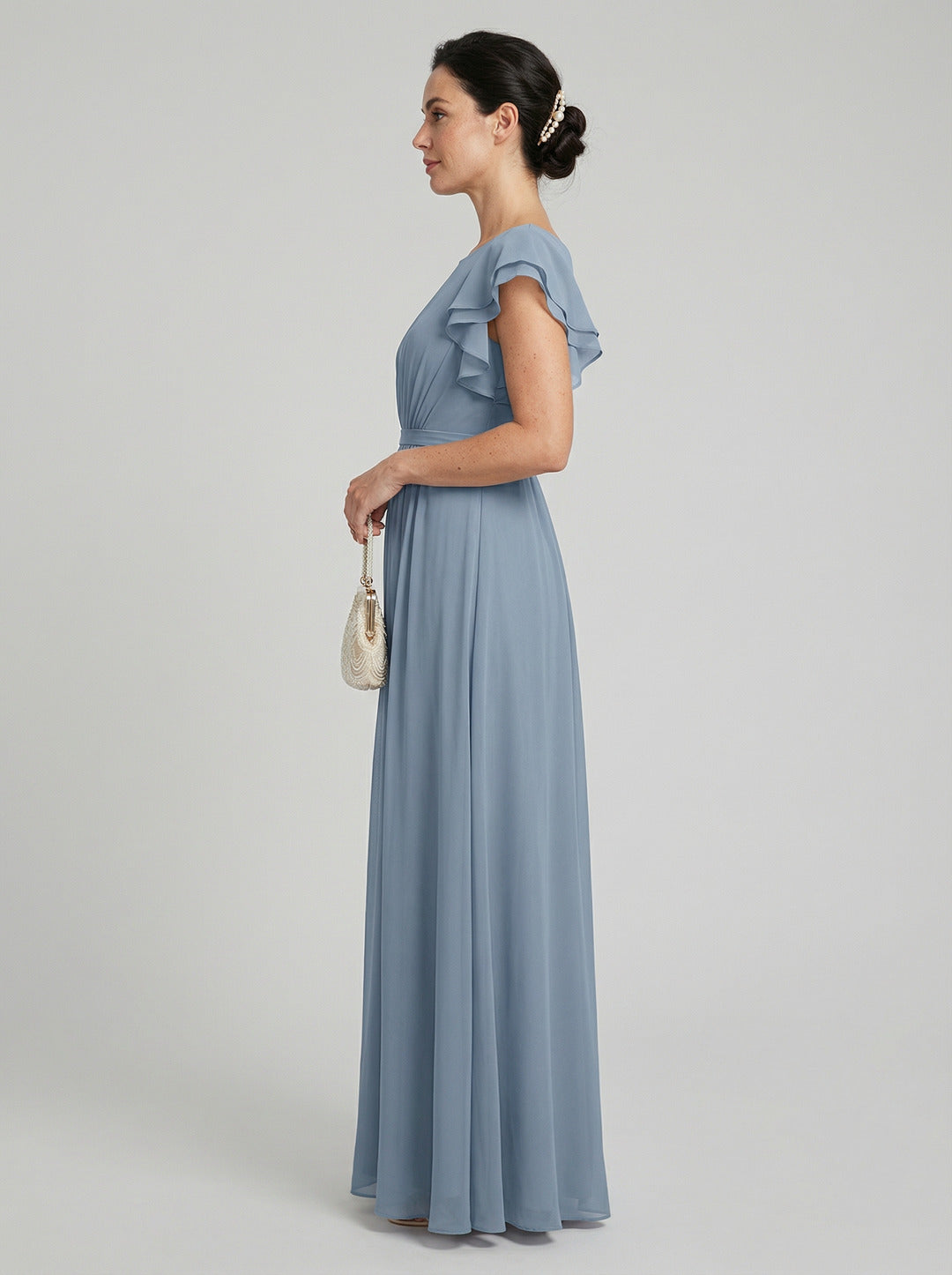 Modest Dusty Blue Chiffon A-Line Scoop Neck Back Zip Ankle-Length Bridesmaid Dress