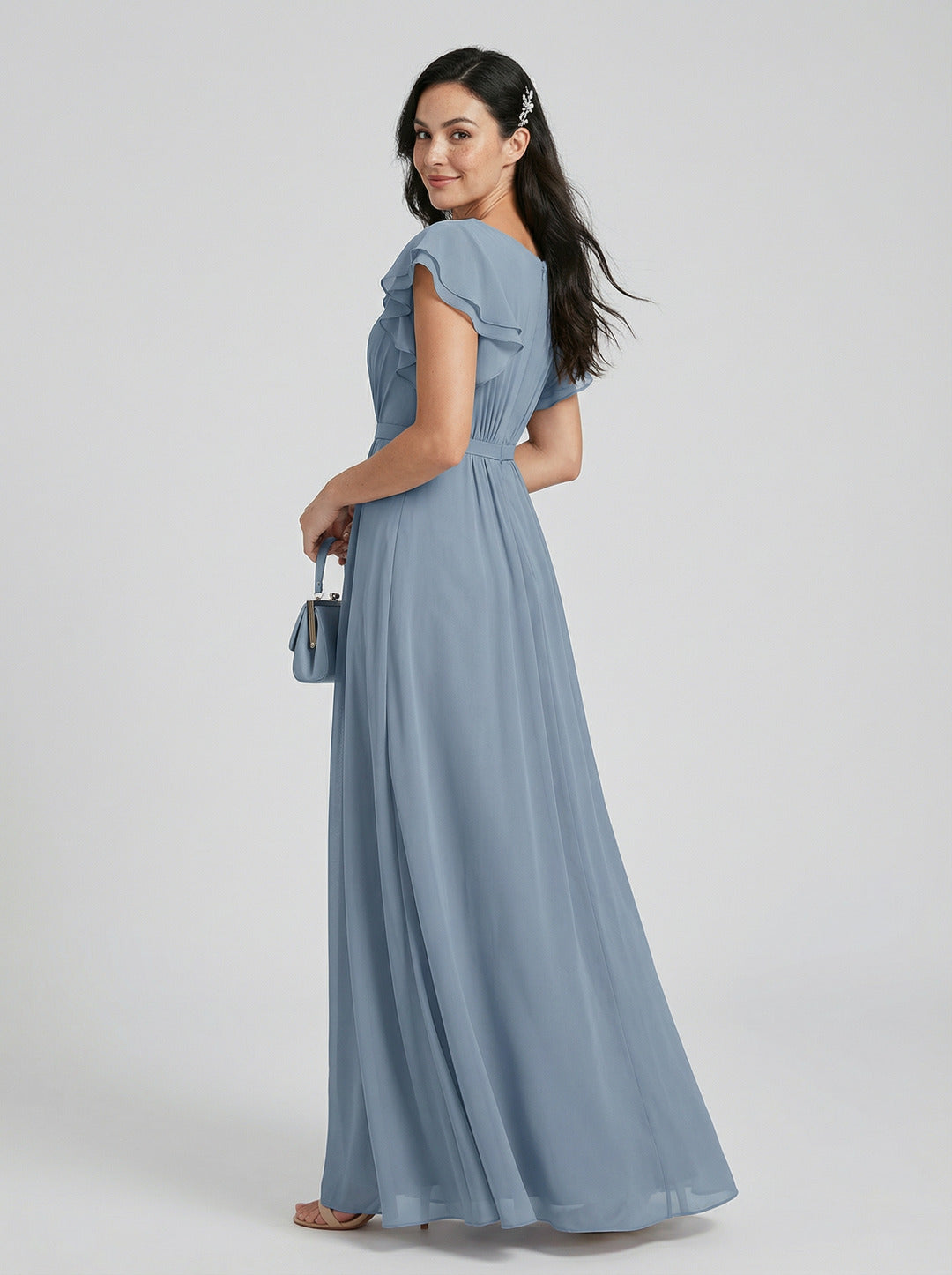 Modest Dusty Blue Chiffon A-Line Scoop Neck Back Zip Ankle-Length Bridesmaid Dress