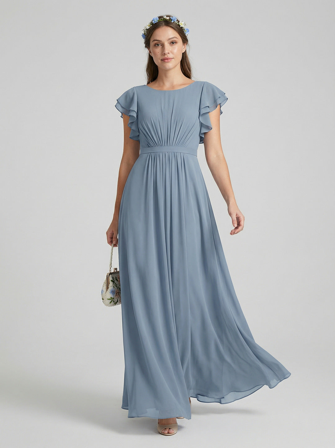 Modest Dusty Blue Chiffon A-Line Scoop Neck Back Zip Ankle-Length Bridesmaid Dress