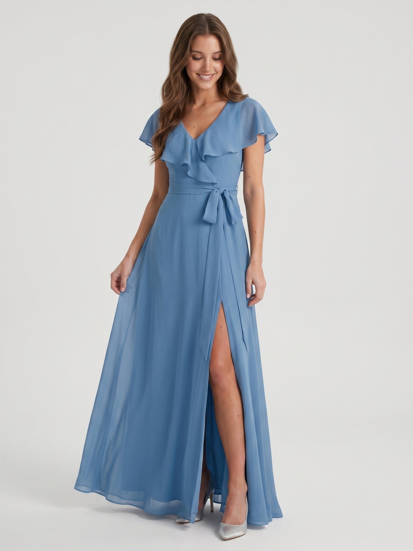 Modest Steel Blue Chiffon A-Line V-Neck V-Back Ankle-Length Bridesmaid Dress