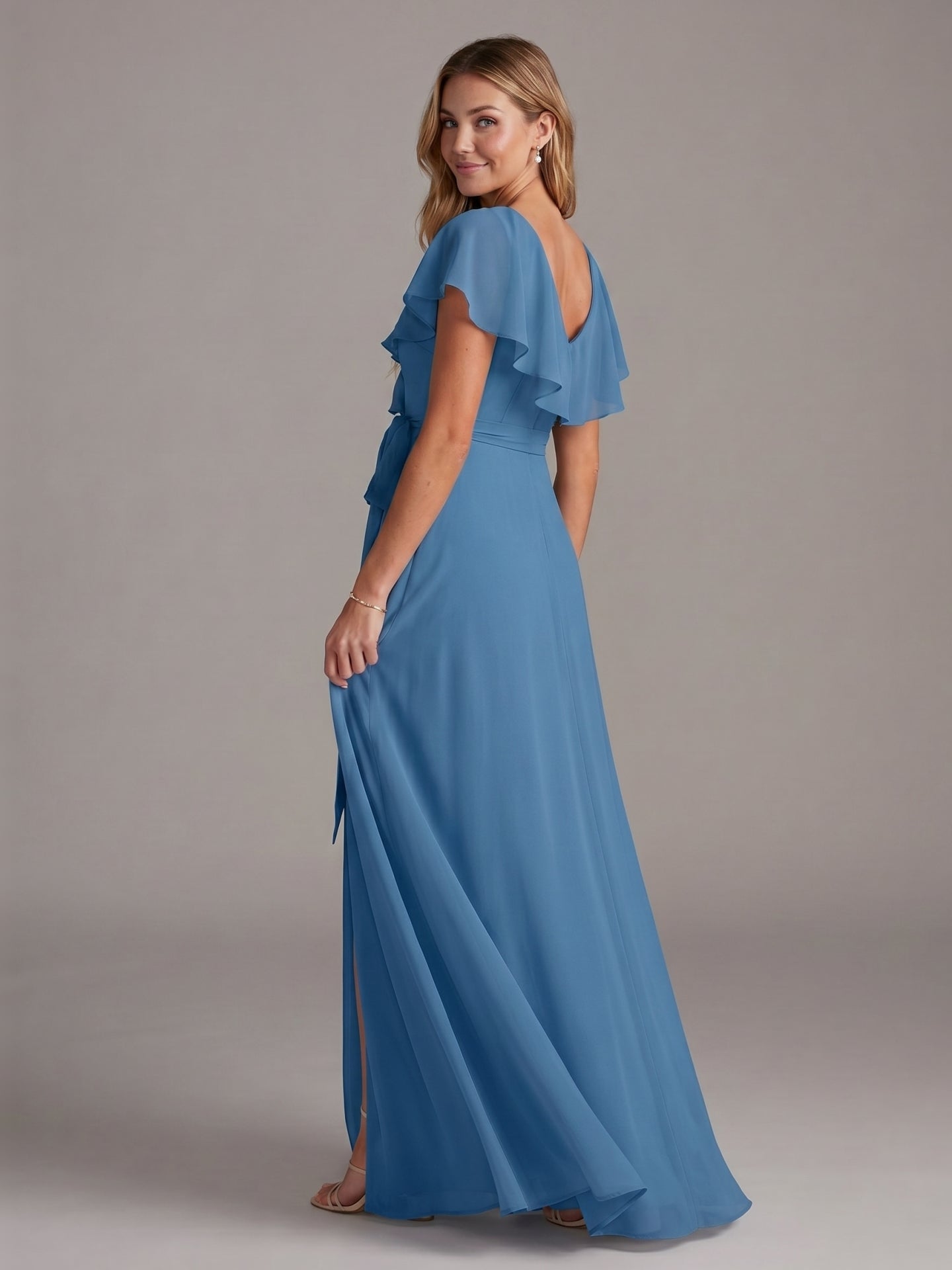 Modest Steel Blue Chiffon A-Line V-Neck V-Back Ankle-Length Bridesmaid Dress