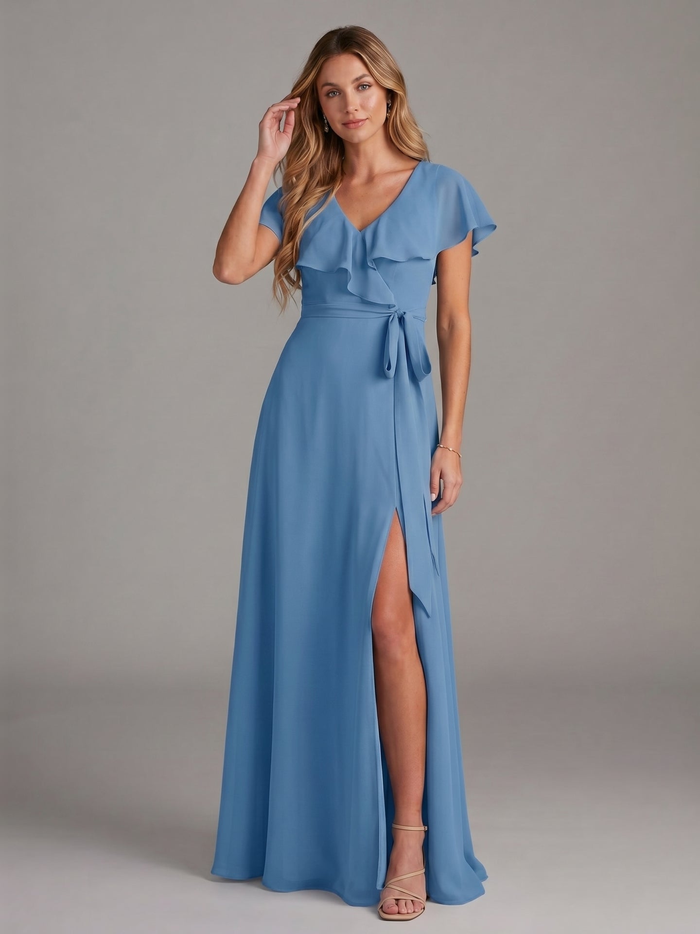 Modest Steel Blue Chiffon A-Line V-Neck V-Back Ankle-Length Bridesmaid Dress