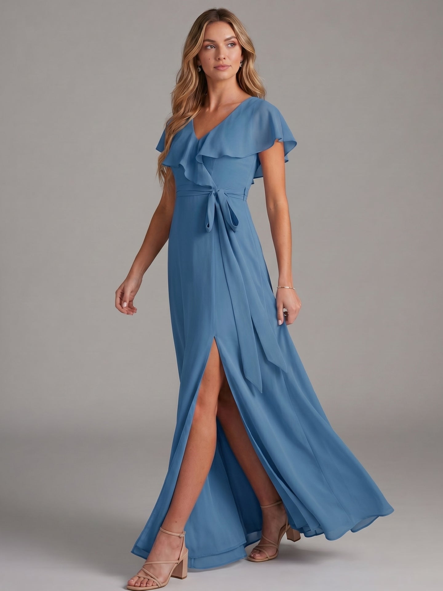Modest Steel Blue Chiffon A-Line V-Neck V-Back Ankle-Length Bridesmaid Dress
