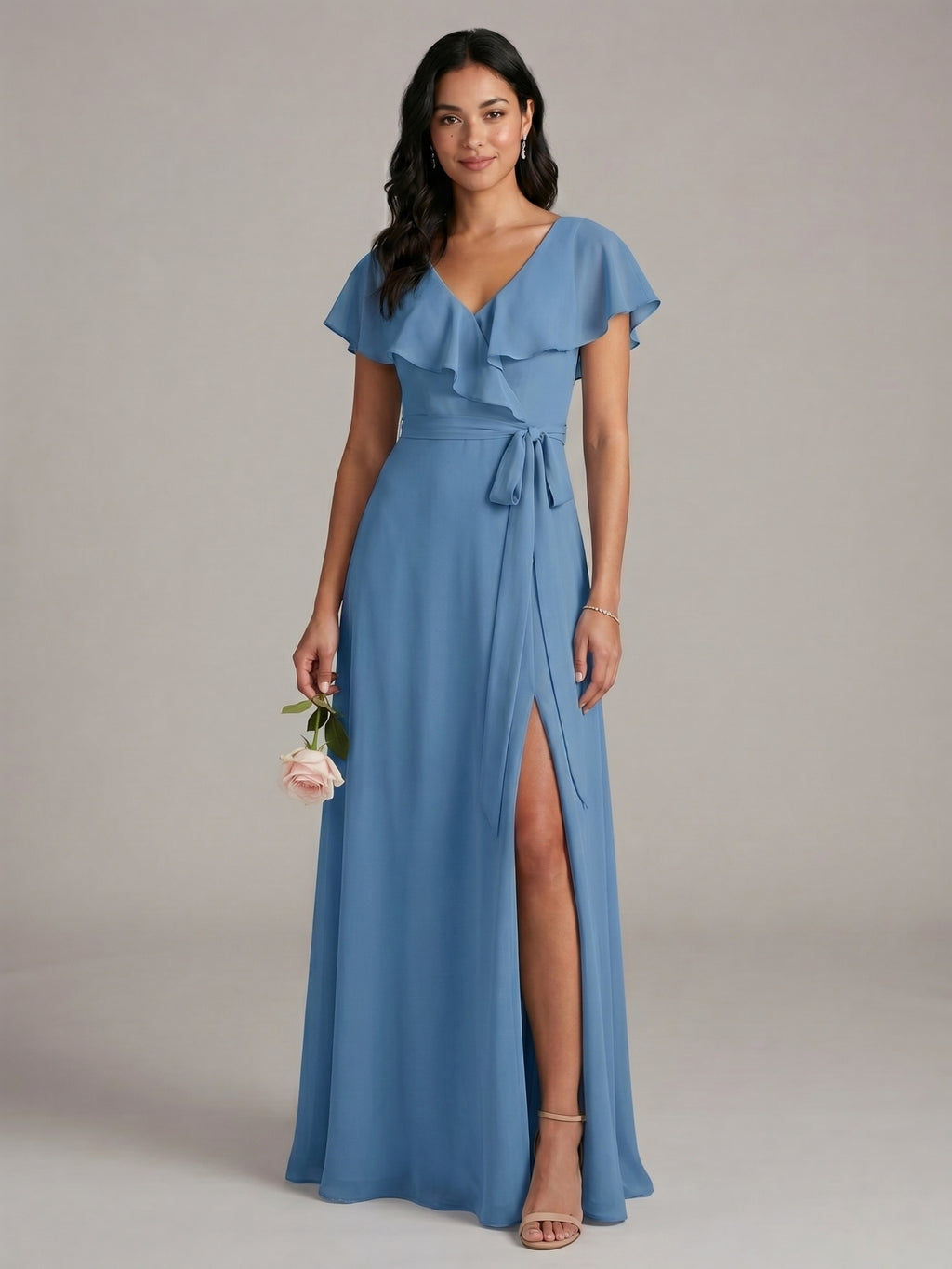 Modest Steel Blue Chiffon A-Line V-Neck V-Back Ankle-Length Bridesmaid Dress