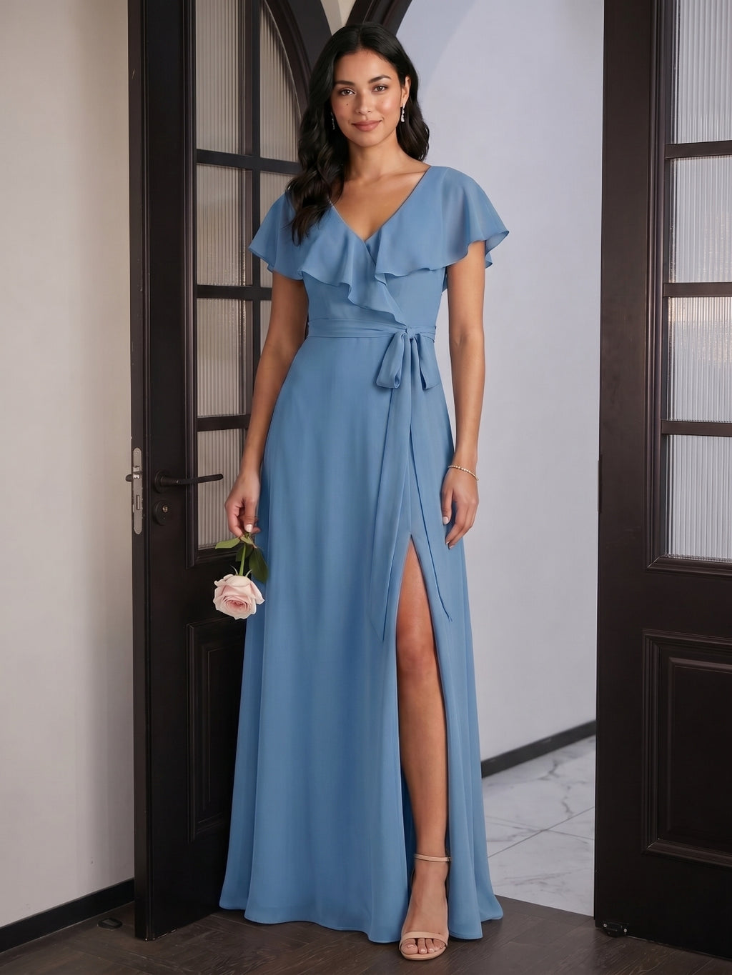 Modest Steel Blue Chiffon A-Line V-Neck V-Back Ankle-Length Bridesmaid Dress
