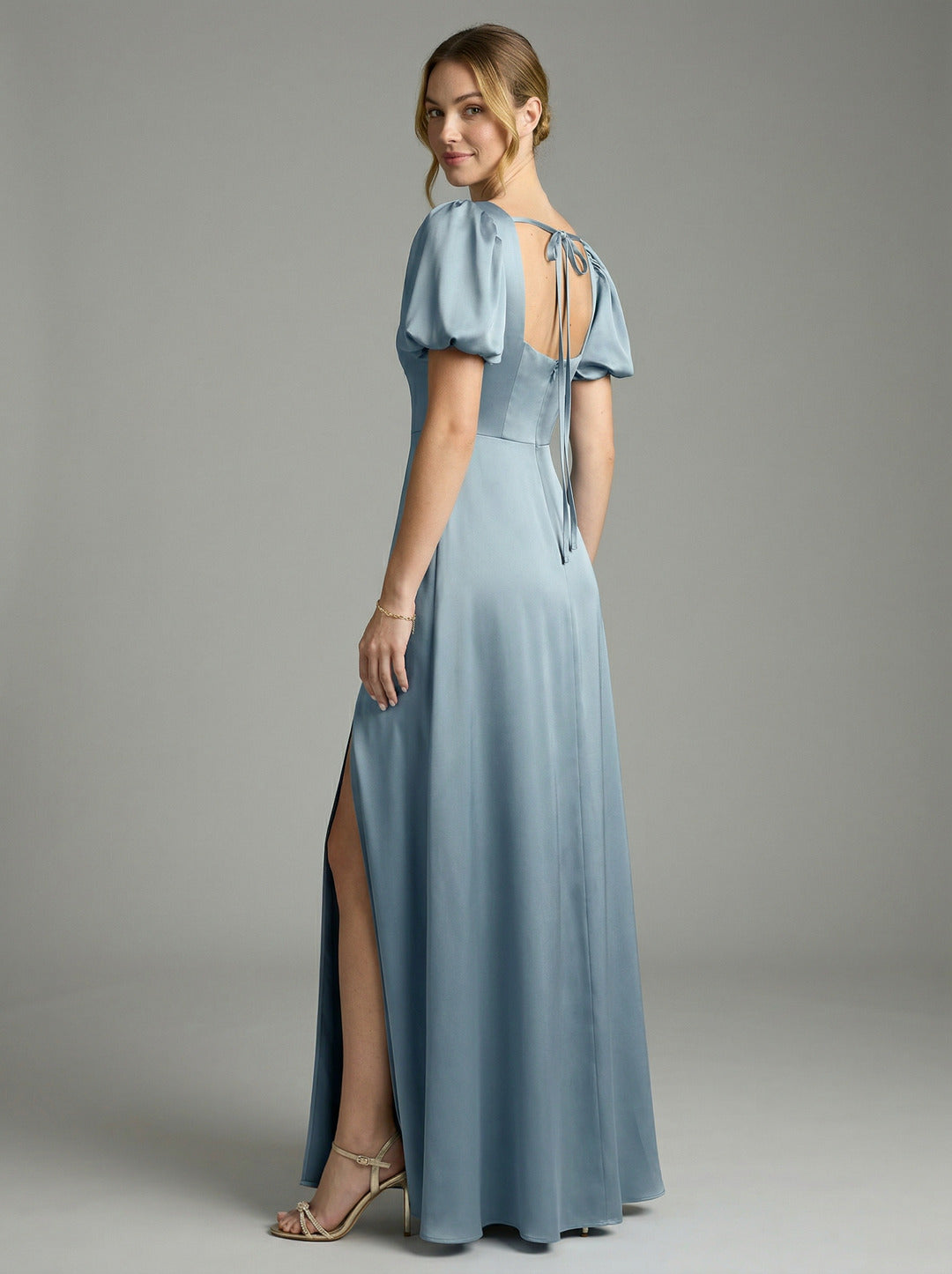 Simple Dusty Blue Satin A-Line Square Neck Back Zip Ankle-Length Bridesmaid Dress