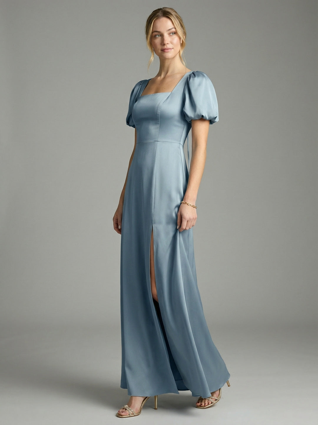 Simple Dusty Blue Satin A-Line Square Neck Back Zip Ankle-Length Bridesmaid Dress