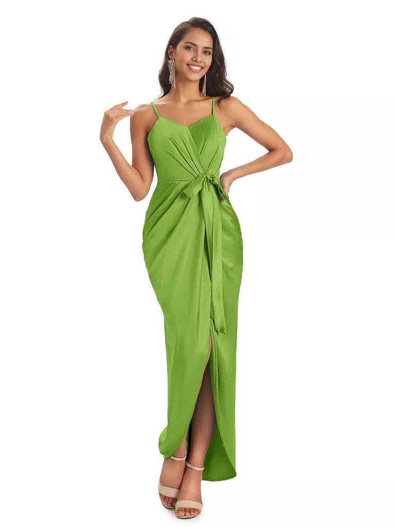 High Low Spaghetti Straps V-neck Mermaid Asymmetrical Soft Satin Bridesmaid Dresses