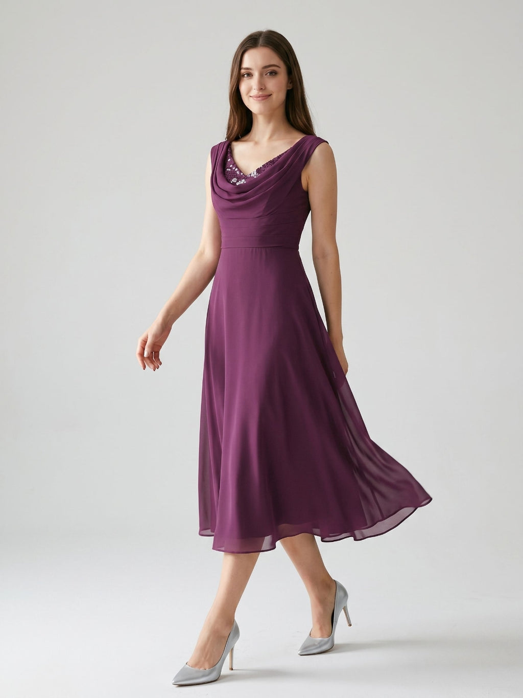 Mulberry Chiffon A-Line Cowl Neck Back Zip Tea-Length Dress with Sequins