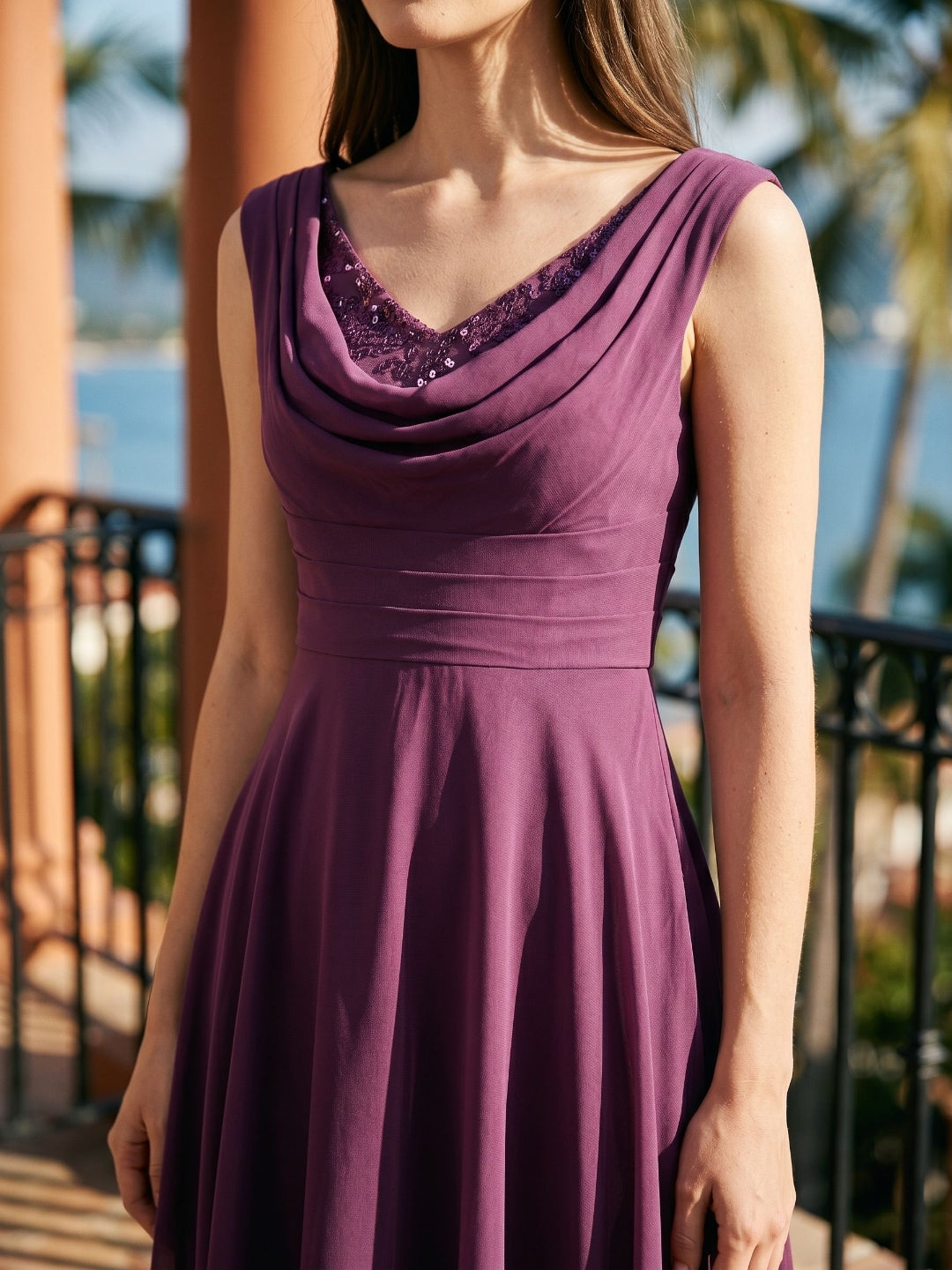 Mulberry Chiffon A-Line Cowl Neck Back Zip Tea-Length Dress with Sequins