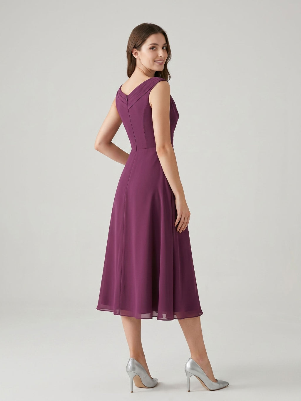 Mulberry Chiffon A-Line Cowl Neck Back Zip Tea-Length Dress with Sequins