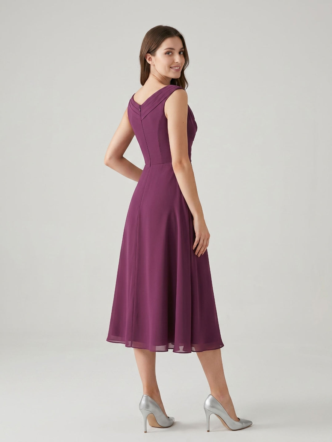 Mulberry Chiffon A-Line Cowl Neck Back Zip Tea-Length Dress with Sequins