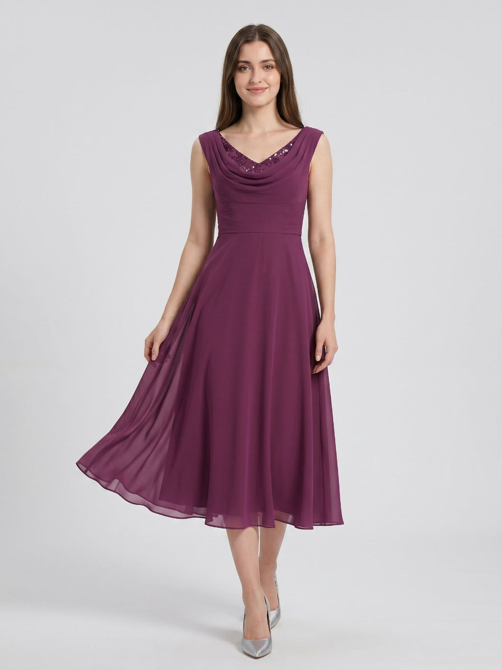 Mulberry Chiffon A-Line Cowl Neck Back Zip Tea-Length Dress with Sequins