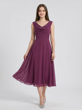 Mulberry Chiffon A-Line Cowl Neck Back Zip Tea-Length Dress with Sequins
